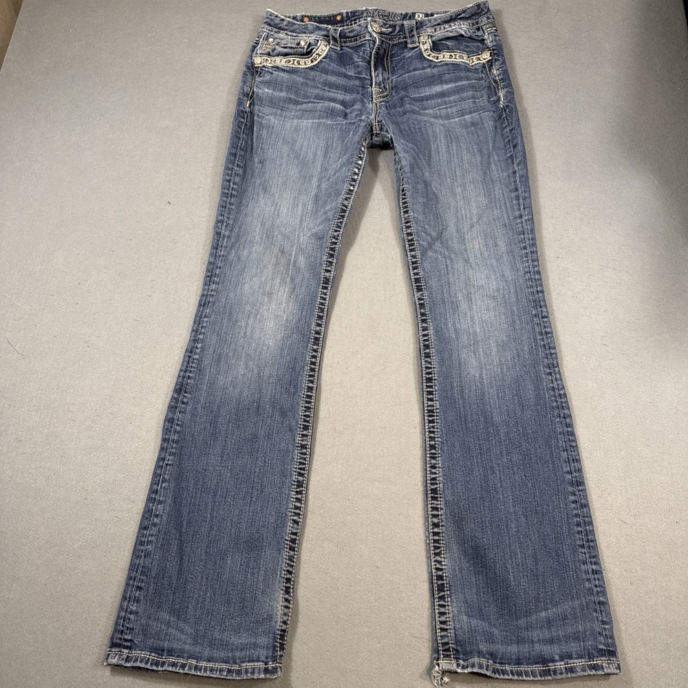 Miss Me 30x32 Mid-Rise Boot Jeans TRIBAL Embellished WHISKERING THICK STITCH - Picture 6 of 11